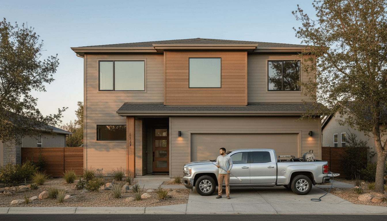 Clean modern house exterior with a worker beside a truck in soft morning light