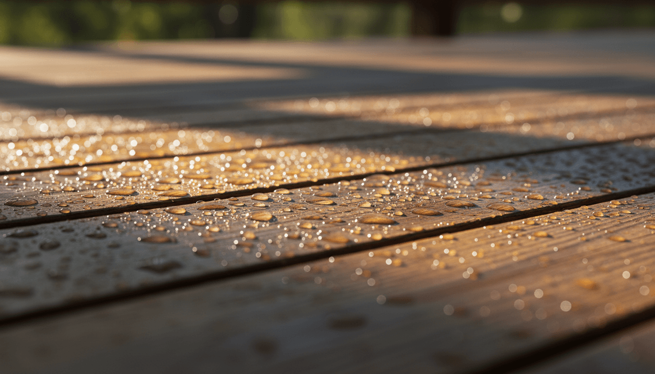 Freshly cleaned wooden deck with water droplets shining in morning light