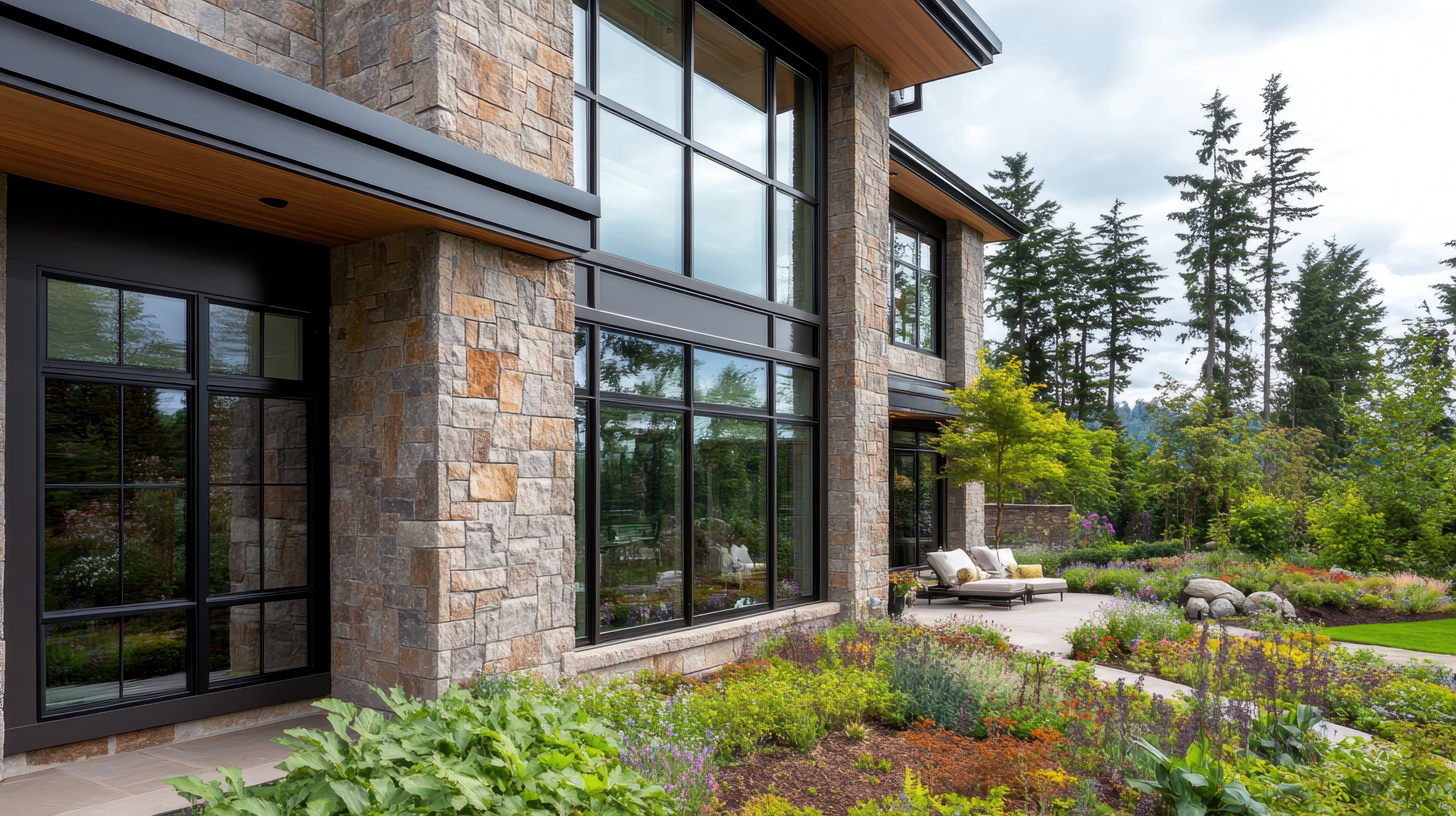 Modern stone house with expansive windows overlooking a lush, landscaped garden and outdoor patio.