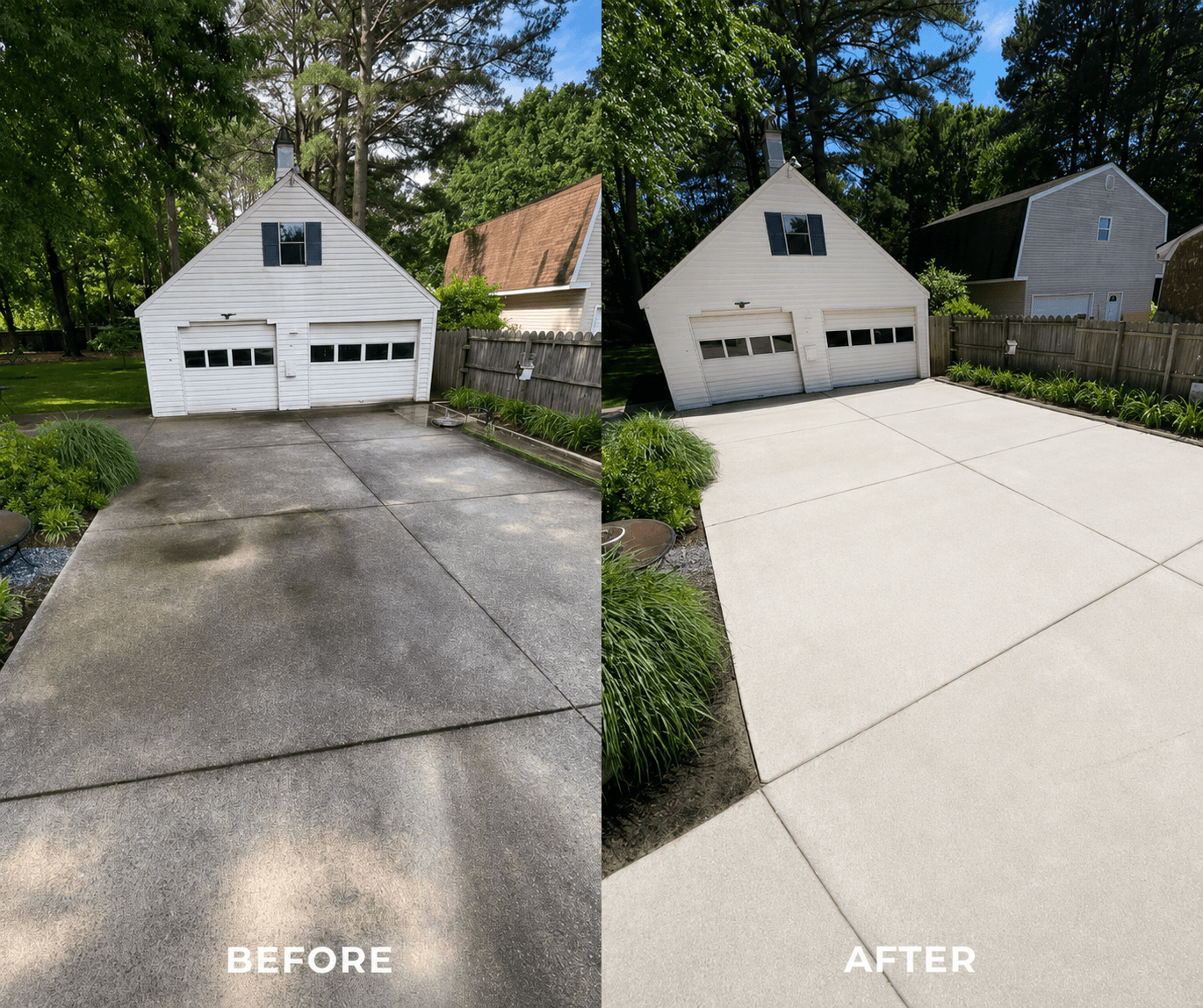 Before and after comparison of a stained concrete driveway restored to a clean, bright finish.