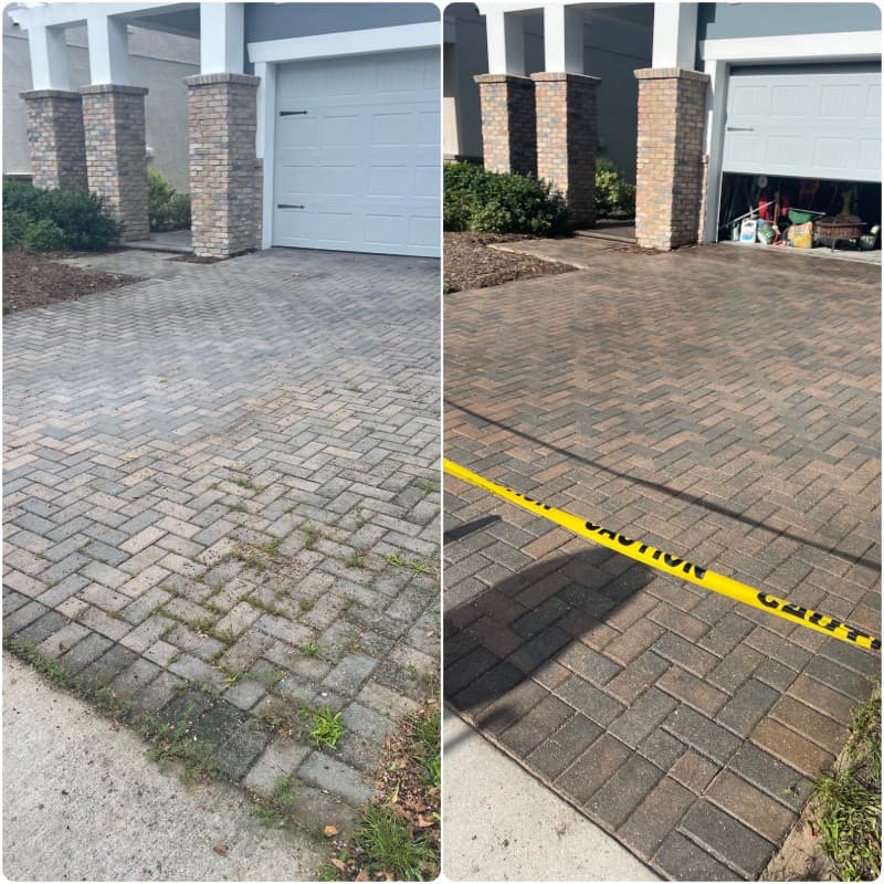 Before and after comparison of a brick paver driveway showing professional cleaning and sealing.
