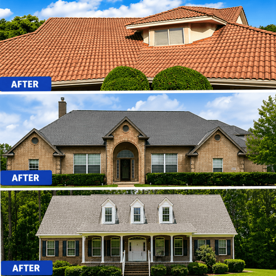 Collage of three houses showcasing newly installed terracotta tile and grey shingle roofs.