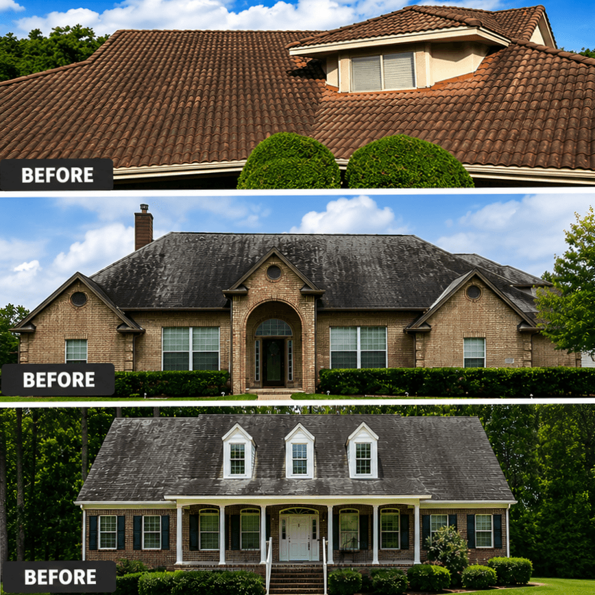 Collage of three homes with dirty, algae-covered roofs, each marked with a "BEFORE" label.